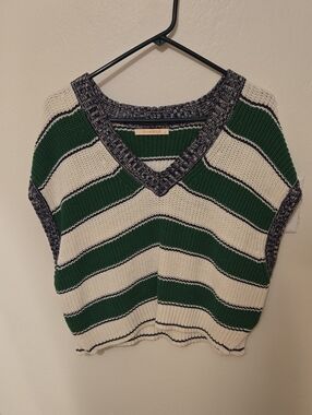Olivaceous Green & Cream Striped V-Neck Sweater Vest